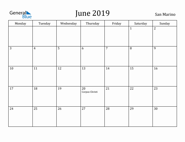 June 2019 Calendar San Marino
