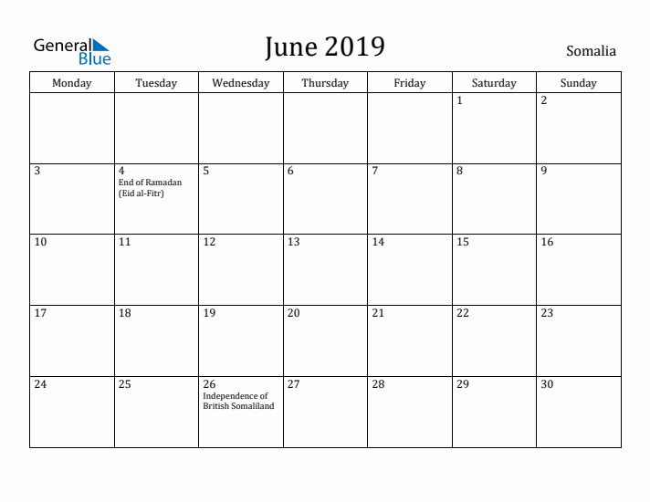 June 2019 Calendar Somalia