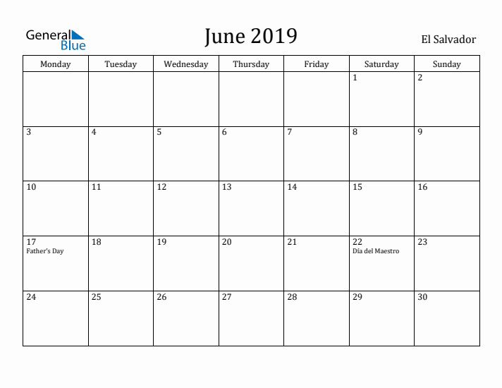 June 2019 Calendar El Salvador