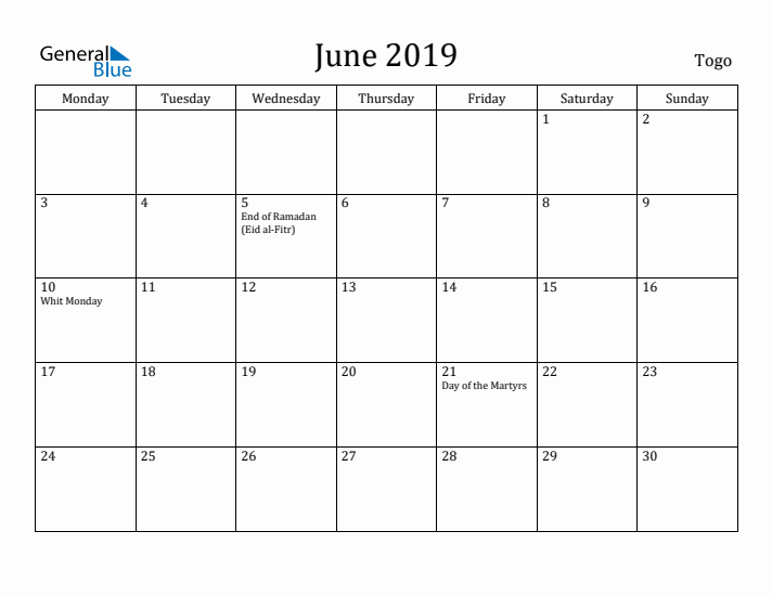 June 2019 Calendar Togo