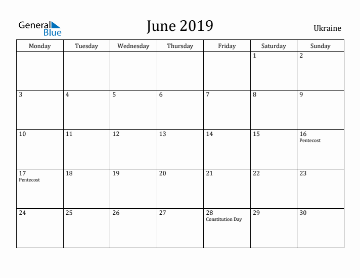 June 2019 Calendar Ukraine