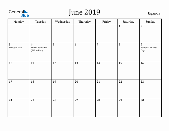 June 2019 Calendar Uganda