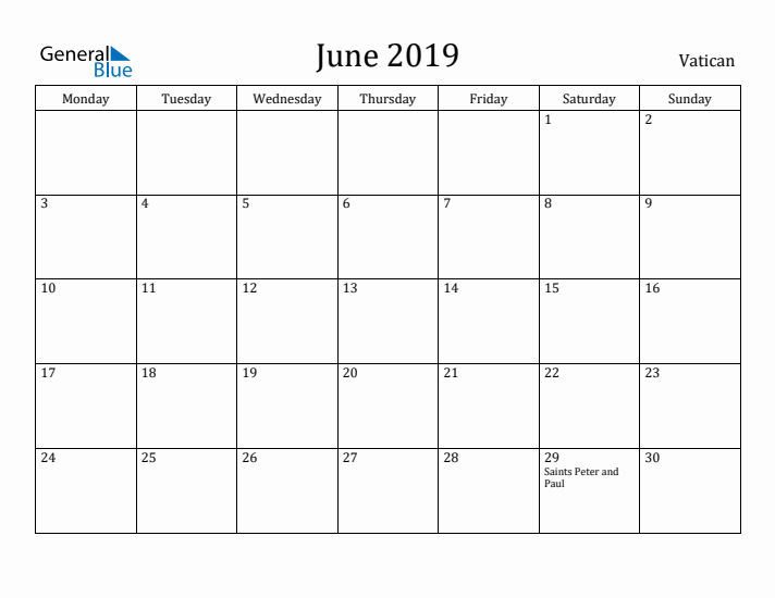 June 2019 Calendar Vatican