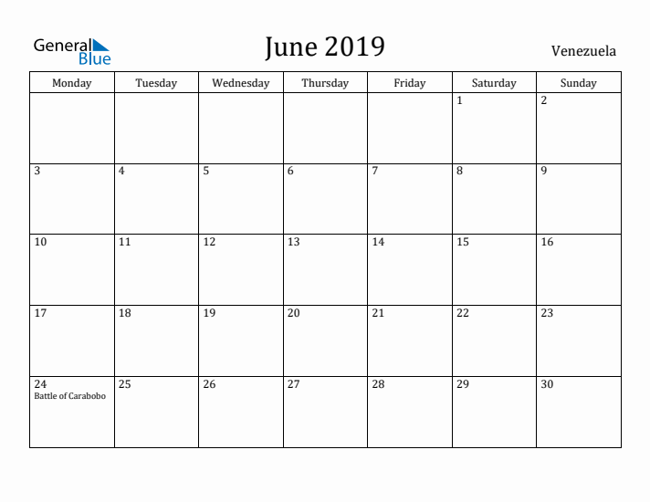 June 2019 Calendar Venezuela