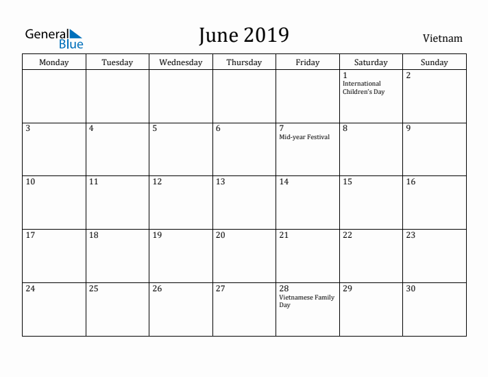 June 2019 Calendar Vietnam