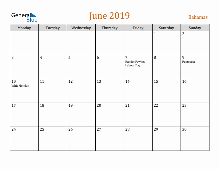 June 2019 Holiday Calendar with Monday Start