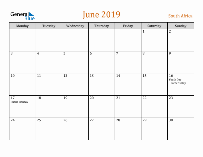 June 2019 Holiday Calendar with Monday Start