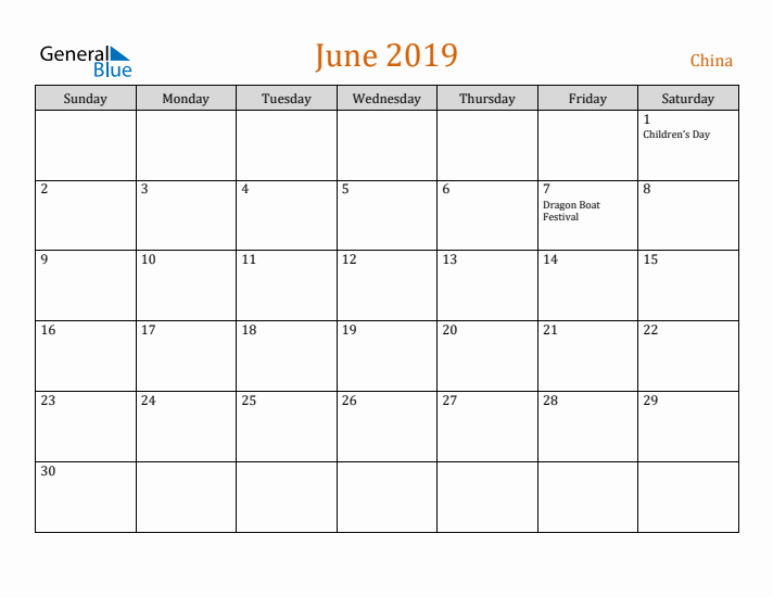 June 2019 Holiday Calendar with Sunday Start