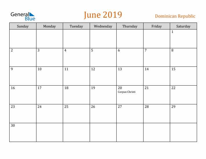 June 2019 Holiday Calendar with Sunday Start