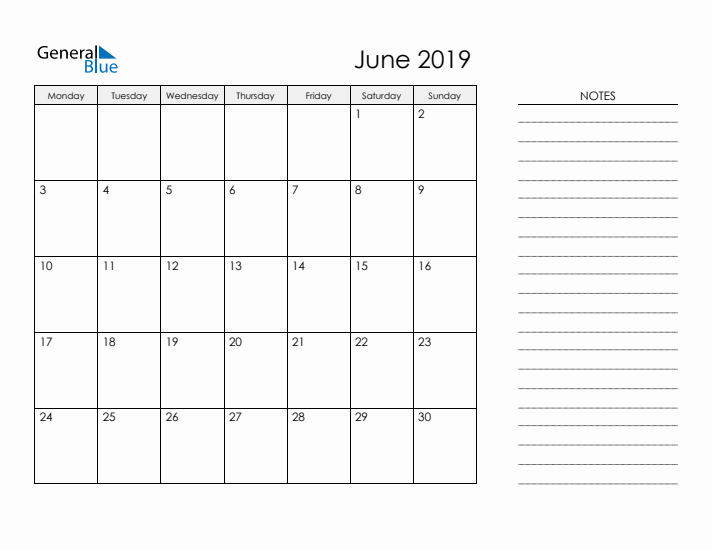 Printable Monthly Calendar with Notes - June 2019
