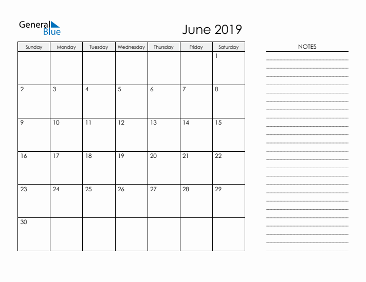Printable Monthly Calendar with Notes - June 2019