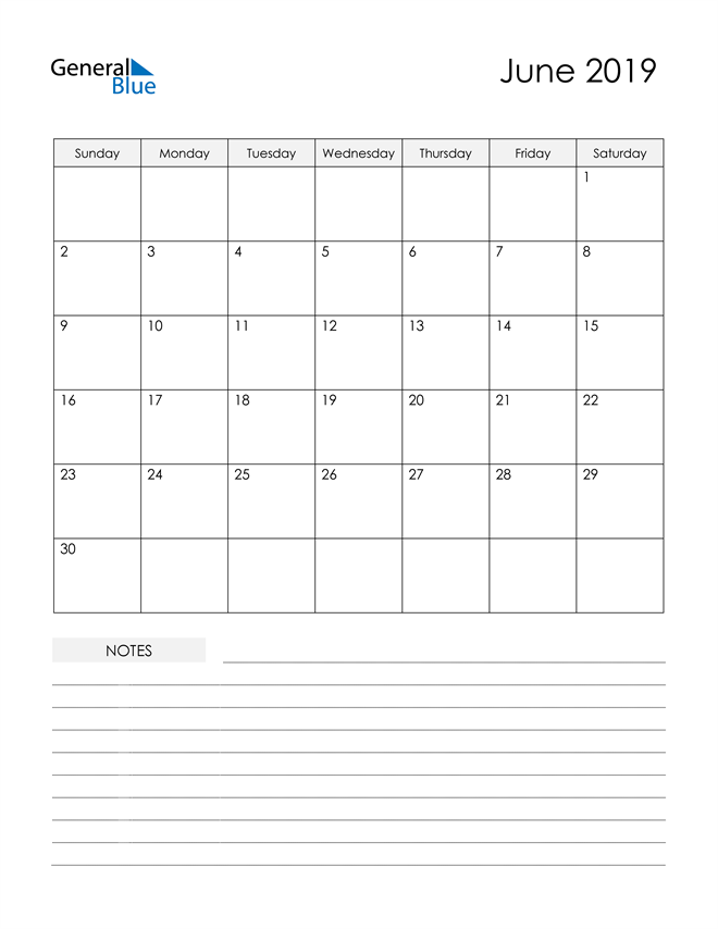  Printable Calendar with Notes - June 2019