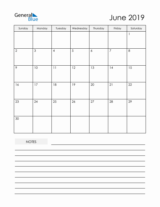 Printable Calendar with Notes - June 2019 