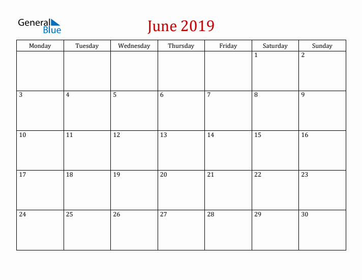 Blank June 2019 Calendar with Monday Start
