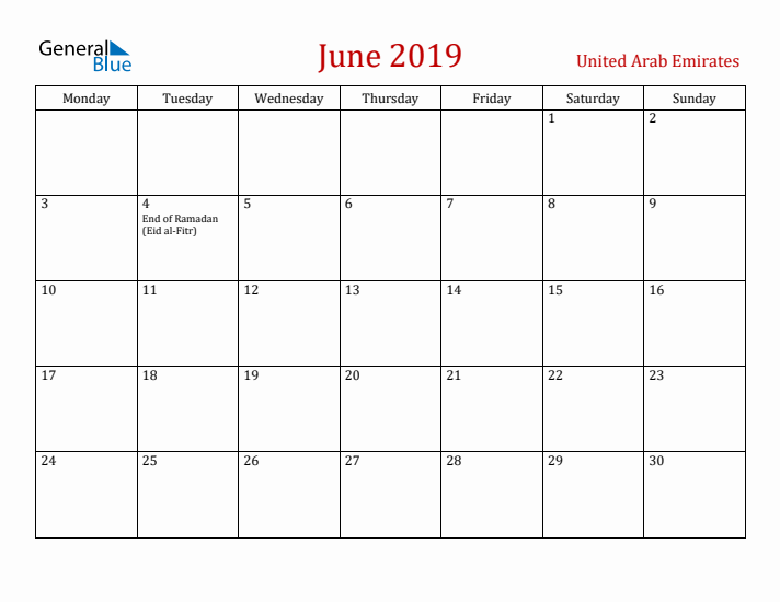 United Arab Emirates June 2019 Calendar - Monday Start