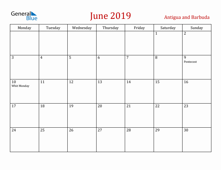 Antigua and Barbuda June 2019 Calendar - Monday Start
