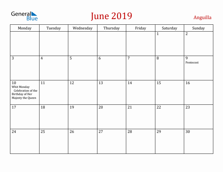 Anguilla June 2019 Calendar - Monday Start