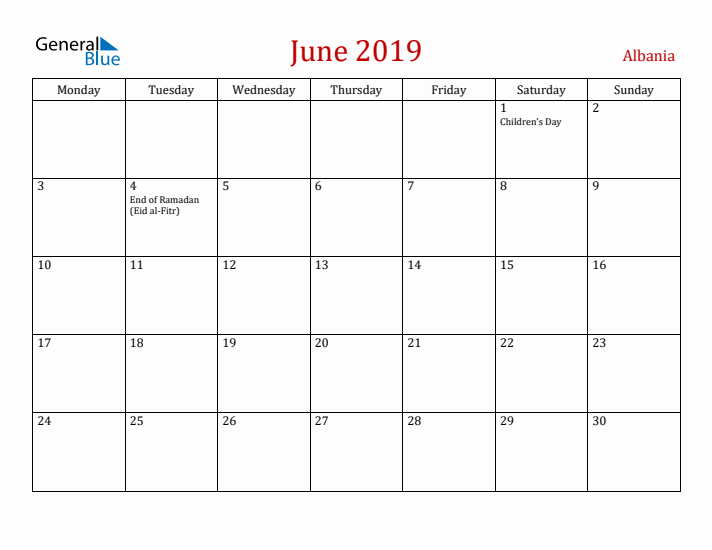 Albania June 2019 Calendar - Monday Start