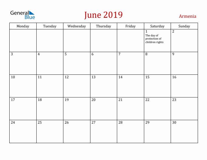 Armenia June 2019 Calendar - Monday Start