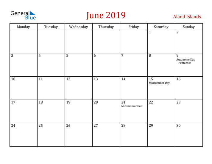 Aland Islands June 2019 Calendar - Monday Start