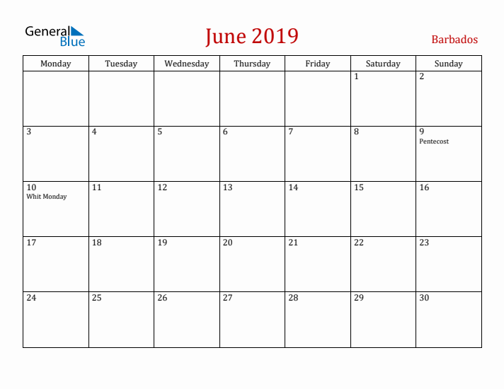 Barbados June 2019 Calendar - Monday Start