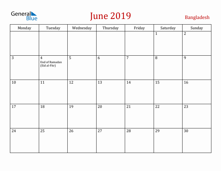 Bangladesh June 2019 Calendar - Monday Start