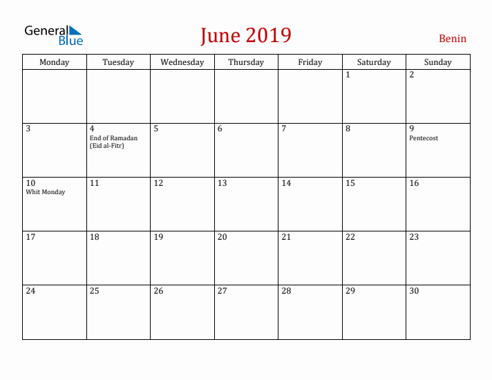 Benin June 2019 Calendar - Monday Start