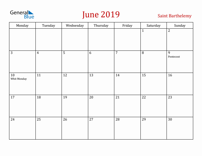 Saint Barthelemy June 2019 Calendar - Monday Start
