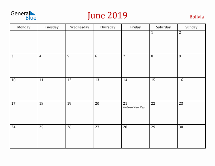 Bolivia June 2019 Calendar - Monday Start