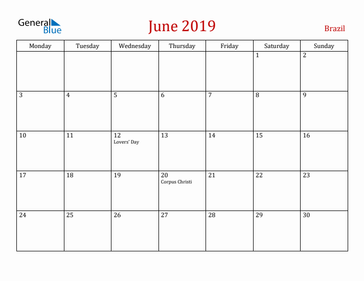 Brazil June 2019 Calendar - Monday Start