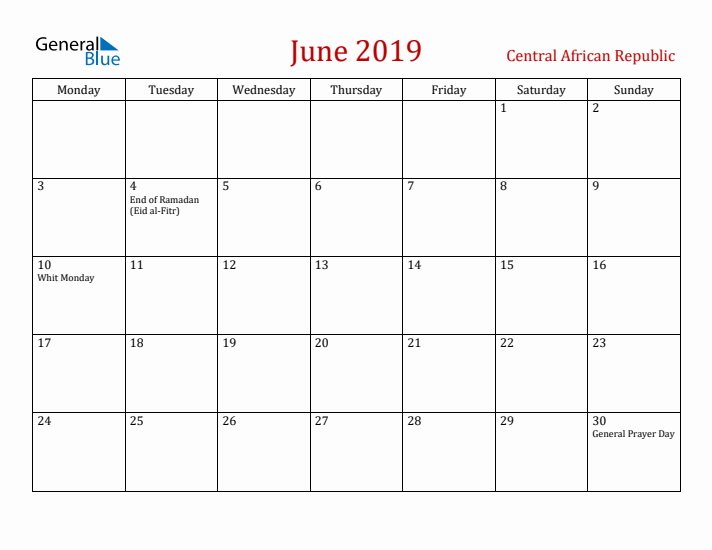Central African Republic June 2019 Calendar - Monday Start
