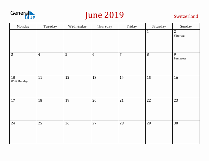 Switzerland June 2019 Calendar - Monday Start