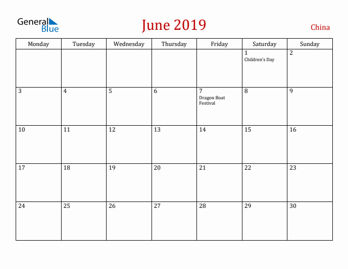China June 2019 Calendar - Monday Start