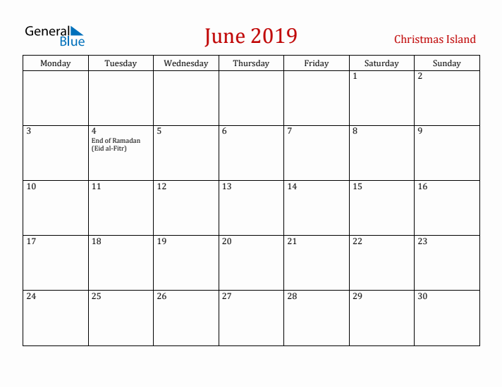 Christmas Island June 2019 Calendar - Monday Start