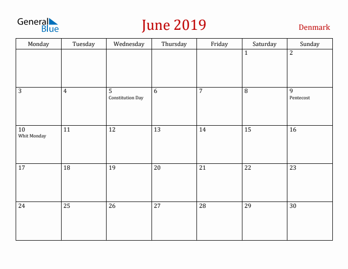 Denmark June 2019 Calendar - Monday Start