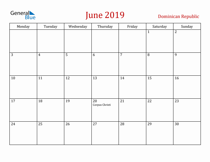Dominican Republic June 2019 Calendar - Monday Start