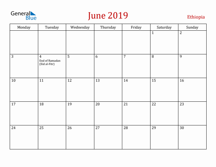Ethiopia June 2019 Calendar - Monday Start