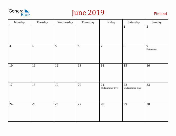 Finland June 2019 Calendar - Monday Start