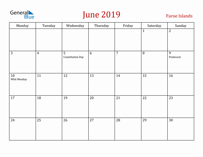 Faroe Islands June 2019 Calendar - Monday Start
