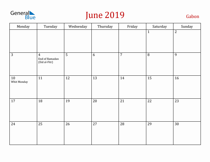 Gabon June 2019 Calendar - Monday Start