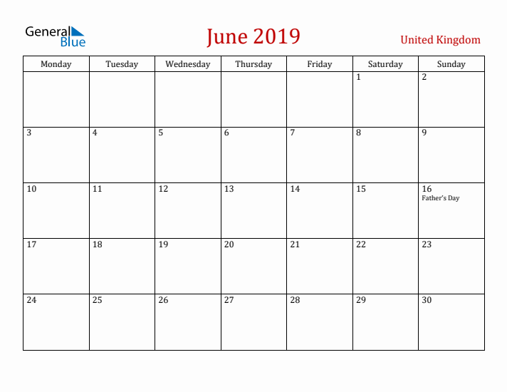 United Kingdom June 2019 Calendar - Monday Start