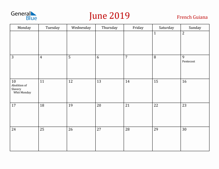 French Guiana June 2019 Calendar - Monday Start