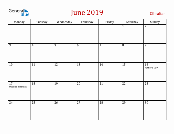 Gibraltar June 2019 Calendar - Monday Start