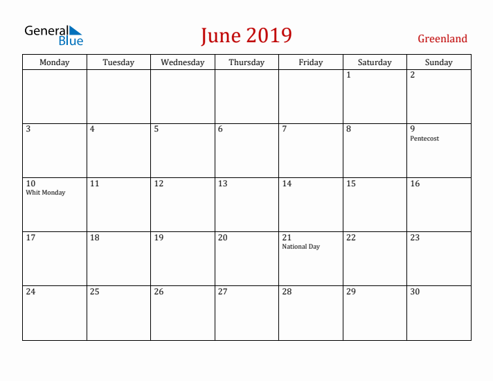 Greenland June 2019 Calendar - Monday Start