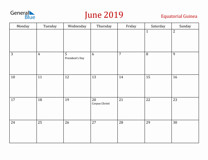 Equatorial Guinea June 2019 Calendar - Monday Start