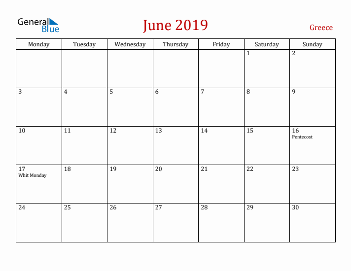 Greece June 2019 Calendar - Monday Start