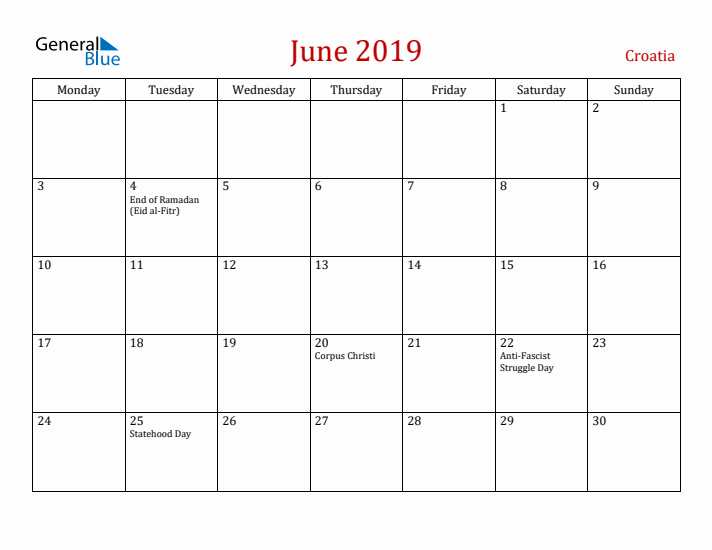 Croatia June 2019 Calendar - Monday Start