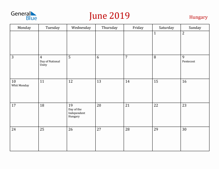 Hungary June 2019 Calendar - Monday Start