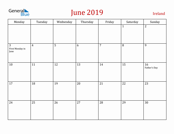 Ireland June 2019 Calendar - Monday Start