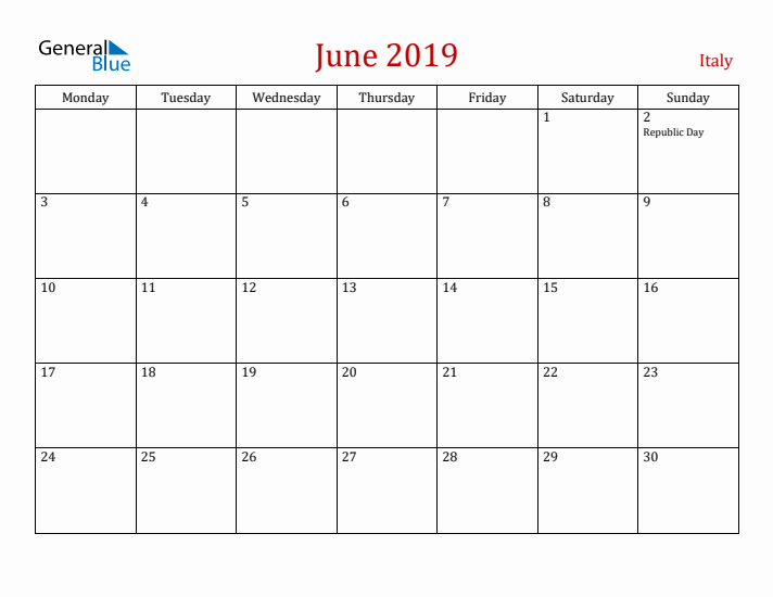 Italy June 2019 Calendar - Monday Start